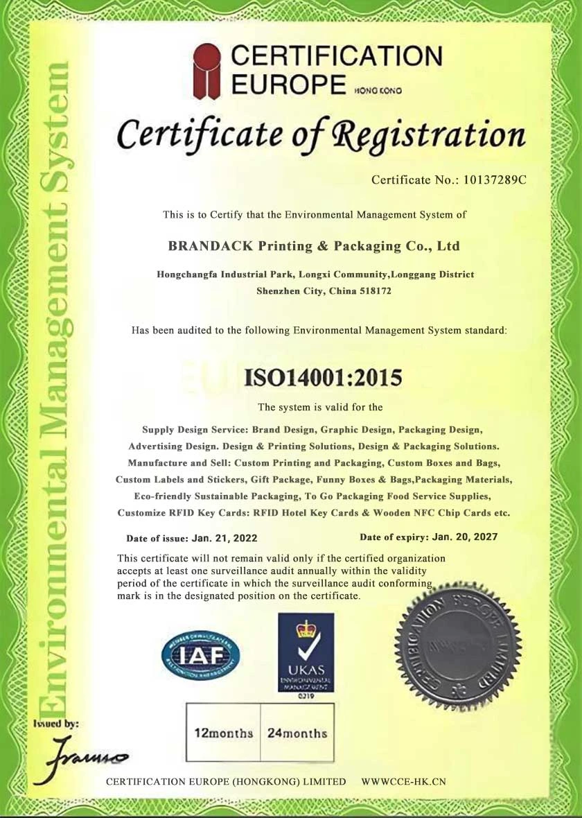 Certificato di registrazione del sistema di gestione ambientale ISO 14001:2015