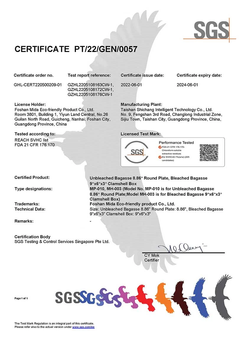 Certificato FDA per contenitori alimentari